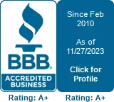 Trusted and accredited by the Better Business Bureau with A+ rating A Better Business Bureau (BBB) accreditation badge indicating an A+ rating since February 2010, with an update dated 11/27/2023