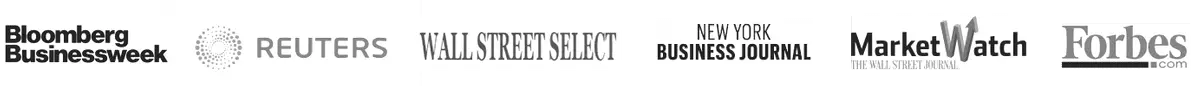 Featured in leading business and financial publications A horizontal row of logos for Bloomberg Businessweek, Reuters, Wall Street Select, New York Business Journal, MarketWatch, and Forbes – showcasing media mentions of CurrencyXchanger.
