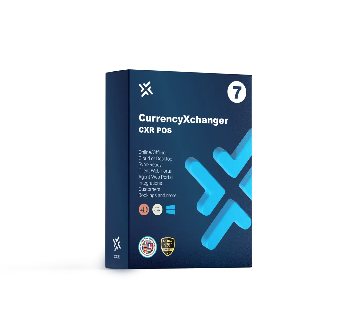 CurrencyXchanger POS – Designed for retail currency exchange businesses with desktop and cloud features A retail software package box for CurrencyXchanger POS edition, featuring a sleek dark blue design with a large cyan “X” logo and platform compatibility icons