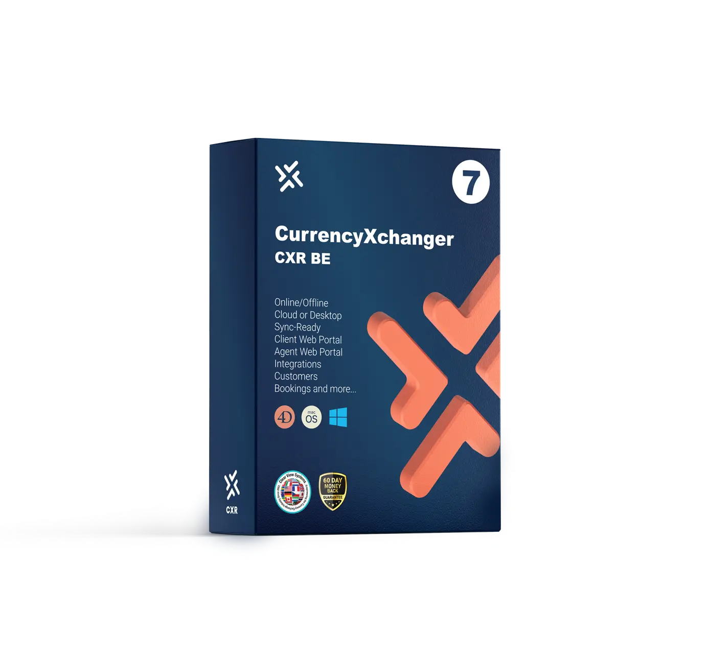 CurrencyXchanger BE - Notre édition commerciale la plus populaire, utilisée dans le monde entier Le logiciel CurrencyXchanger BE s'affiche dans une boîte bleu foncé avec un logo « X » orange, soulignant sa position en tant qu'édition commerciale mondialement populaire.
