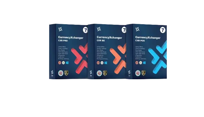 Explore different editions of CurrencyXchanger software tailored to your business needs A visual of three CurrencyXchanger software packages (POS, PRO, EE) in blue-themed boxes with distinct colored logos