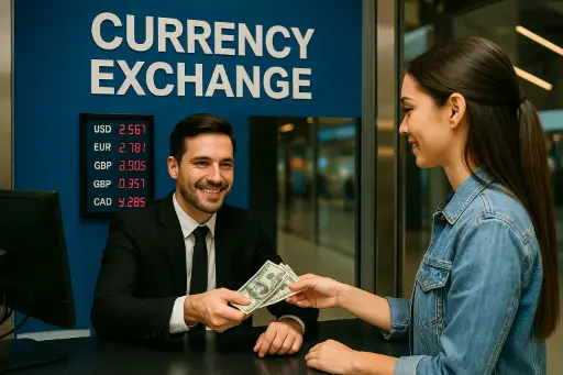 Currency exchange offices and kiosks in airports, malls, and financial institutions A smiling man exchanges cash at a modern currency exchange office while a woman in a denim jacket completes a transaction