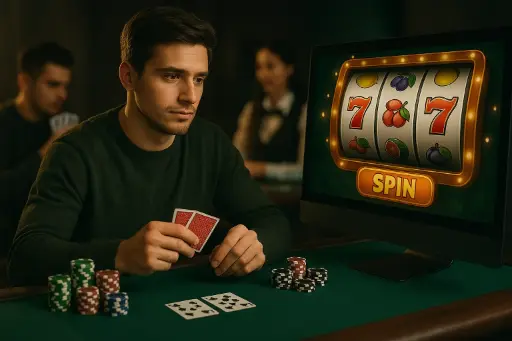 Casinos, betting platforms, and game development companies A man at a poker table holding cards, with a slot machine in the background showing a winning combination