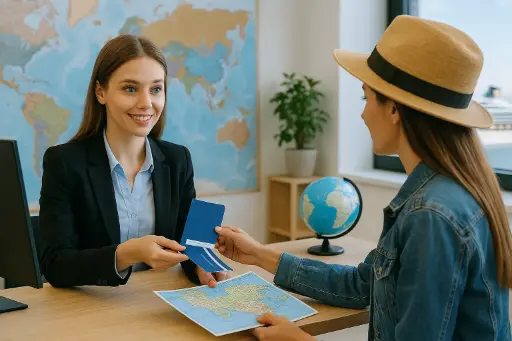 Travel agencies, tourist shops, and hospitality businesses A female travel agent hands a passport to a smiling tourist wearing a hat, with a globe and travel-themed decor in the background