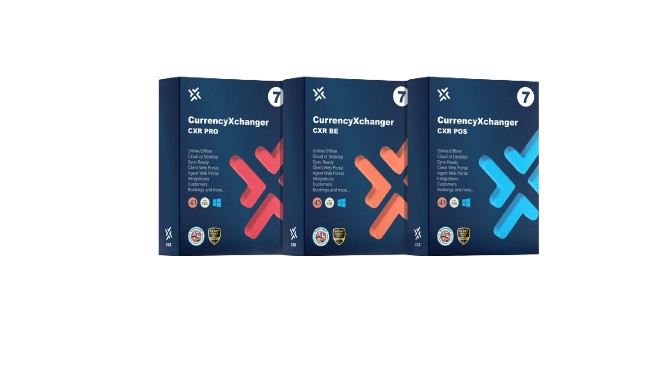 Choose from PRO, BE, or POS editions to match your business needs and scale Three boxed editions of CurrencyXchanger software — CXR PRO, CXR BE, and CXR POS — lined up side by side, each with a distinct color-coded logo and platform icons for Windows, Android, and iOS