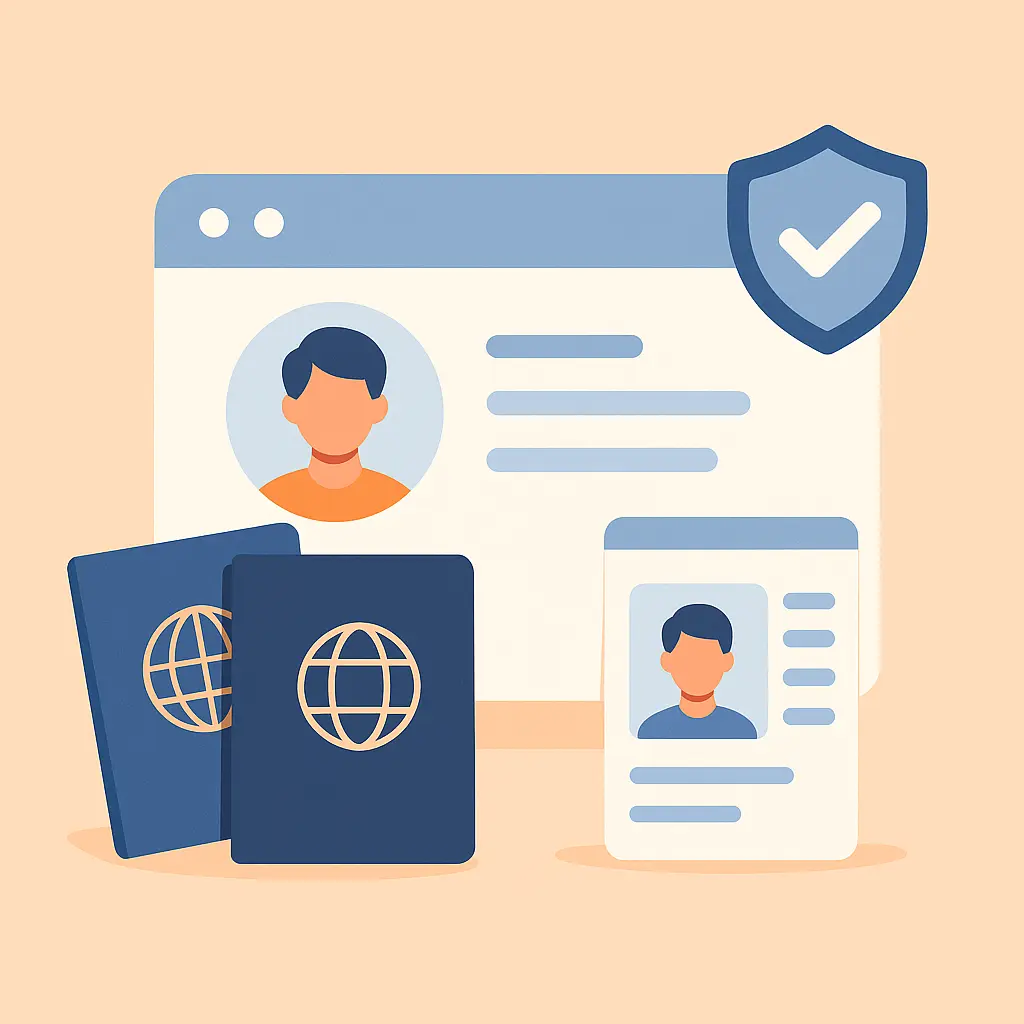 Identity Verification Icon with Passport and Secure Profile Illustration of digital KYC verification process featuring a browser window with a profile, passport documents, and a security shield — ideal for MSB onboarding and compliance UI.